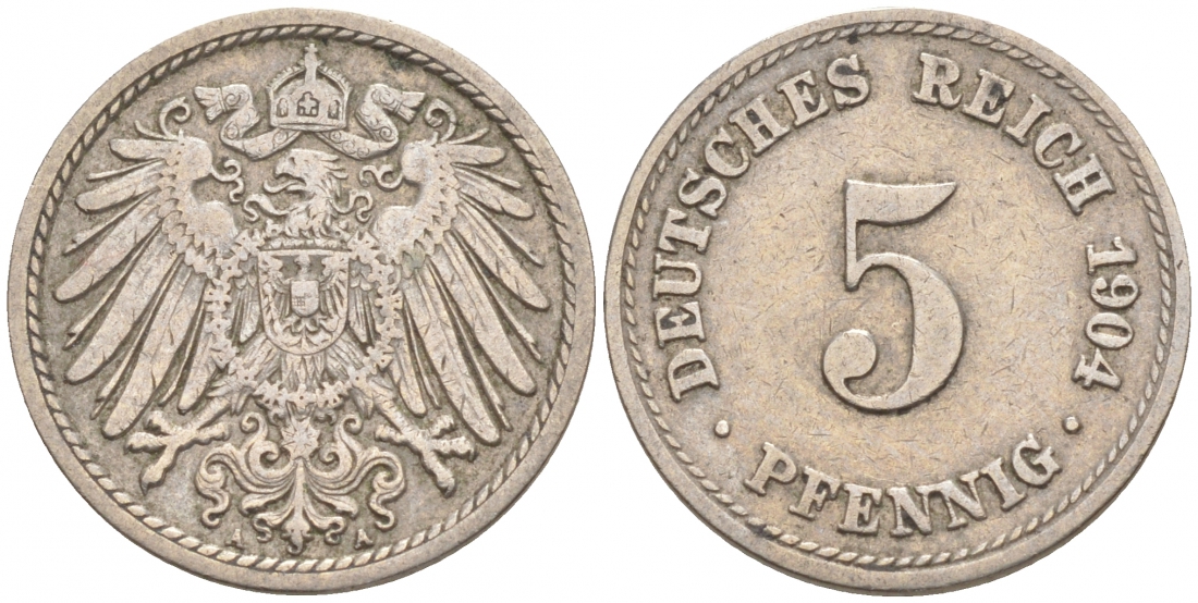 ГЕРМАНИЯ 5 ПФЕННИГОВ 1904 A, KM 11, J. 12 медно-никель 73-1752