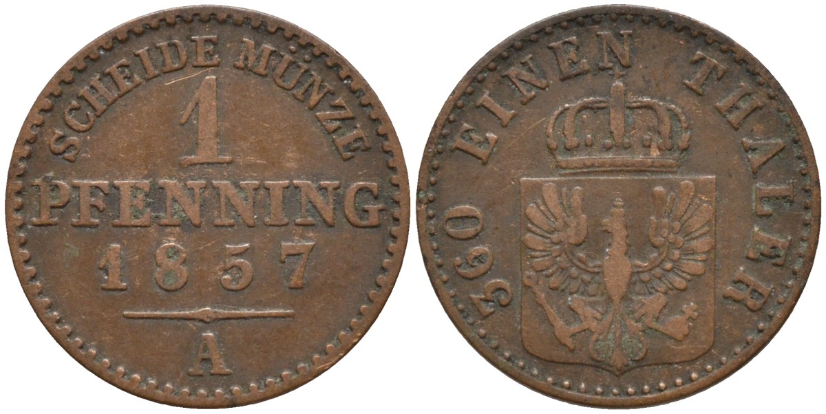 Пруссия 1 пфенниг 1857 A, Фридрих Вильгельм IV (1840-1861) KM 451 медь 4532-268