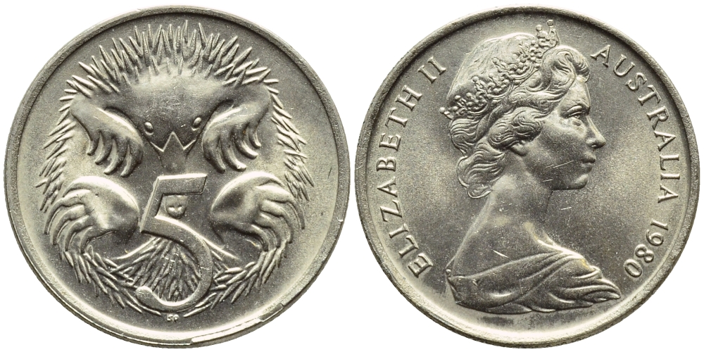 АВСТРАЛИЯ 5 ЦЕНТОВ 1980 ЕЛИЗАВЕТА II, МОЛОДОЙ ПОРТРЕТ, ЕХИДНА KM 64 медно-никель UNC 4392-1331