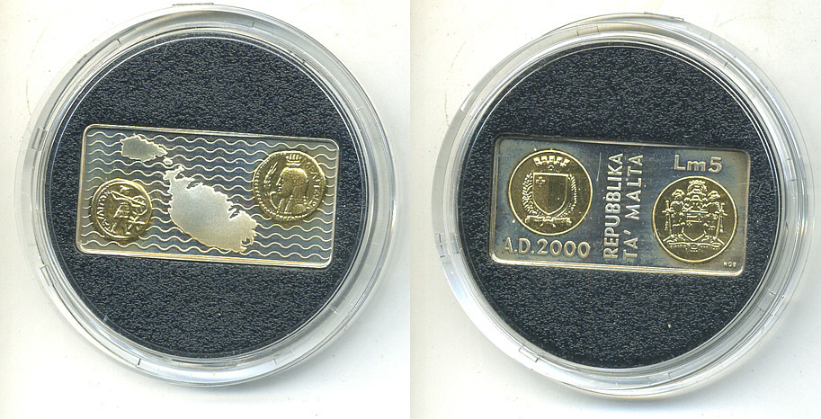Мальта 5 лир 2000 миллениум, монета необычной формы, позолота KM 114 серебро  PROOF  11-042-11