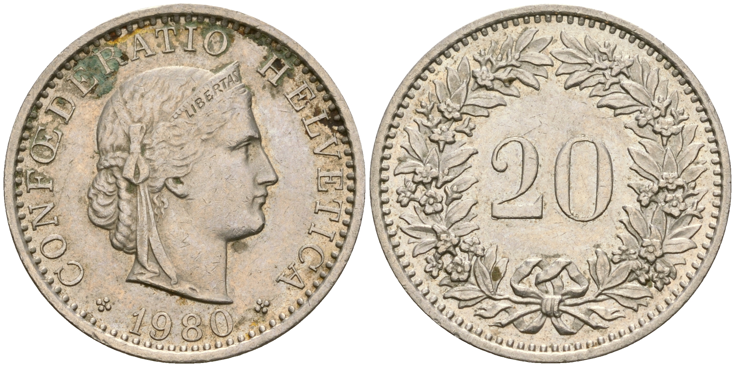 Швейцария 20 раппенов 1980 KM 29а медно-никель 4364-1432