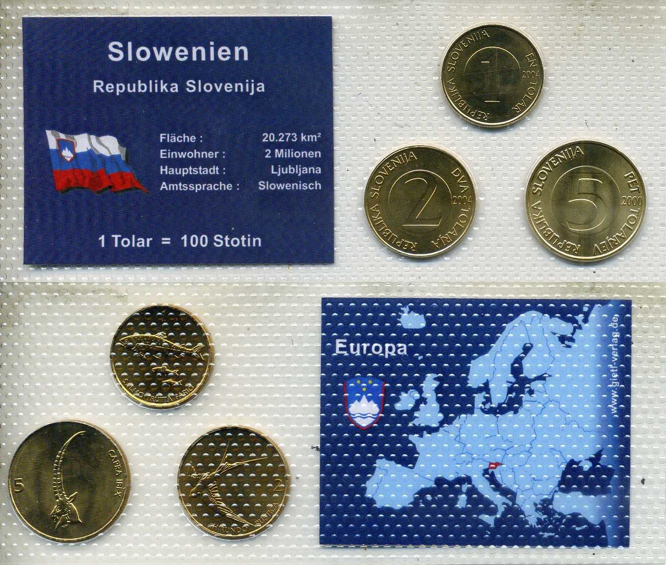 Словения набор из 3 монет (1, 2 и 5 толаров) 2000 и 2004 в красочном блистер, в запайке KM 4, 5 и 6 UNC 4-3-2-47