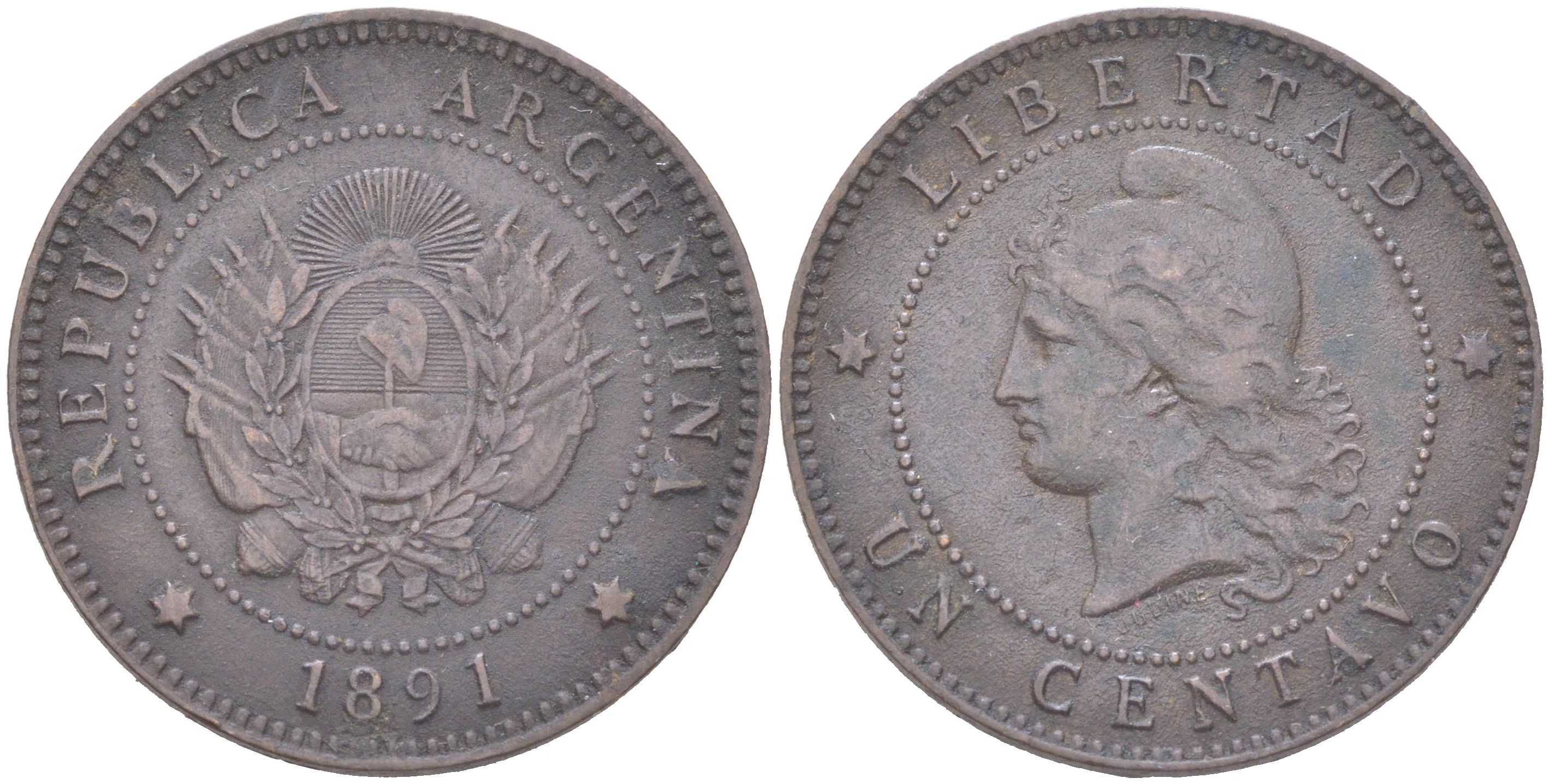 Аргентина 1 сентаво 1891 KM 32 бронза 4622-121