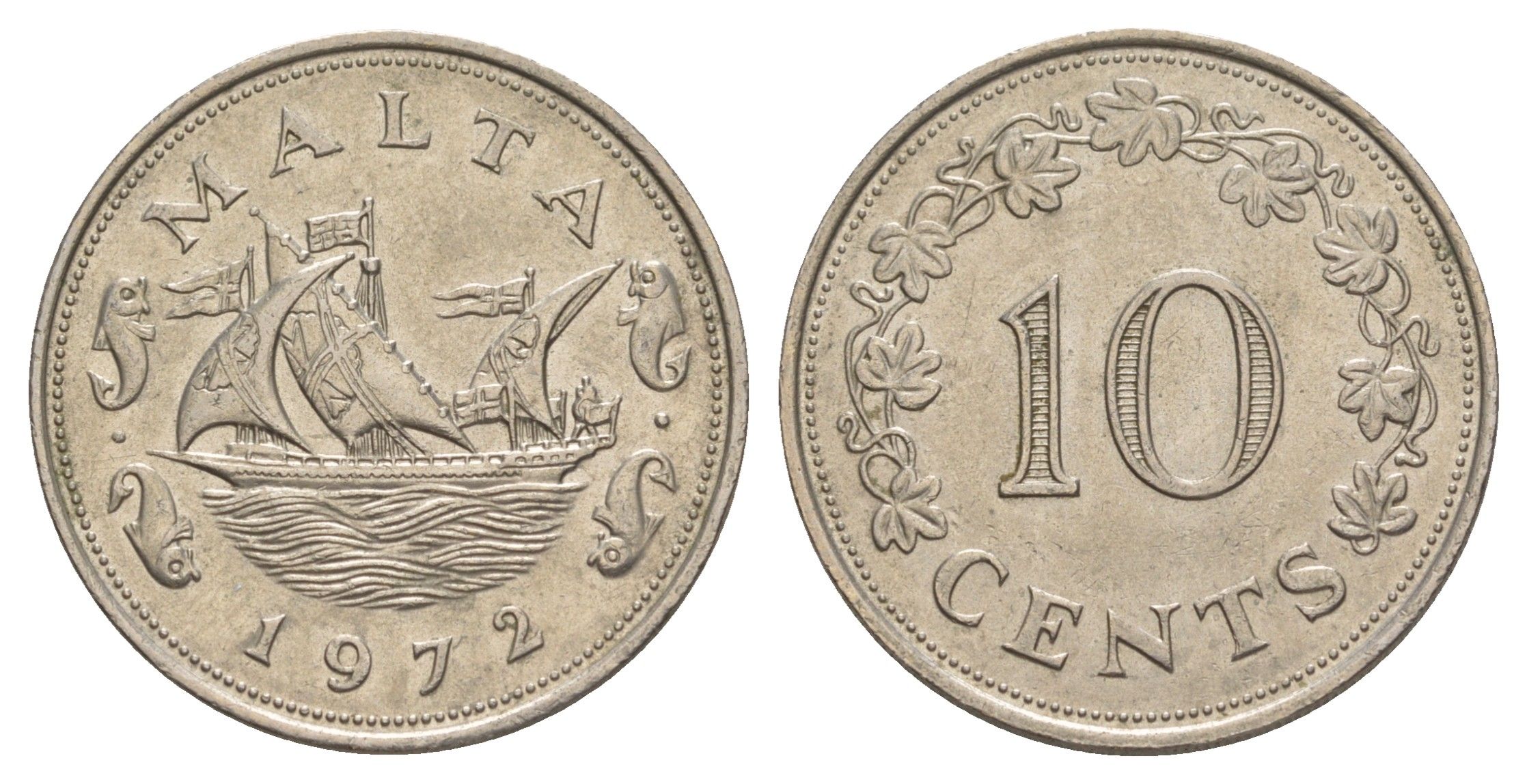 Мальта 10 центов 1972 баржа Великого магистра KM 11 медно-никель aUNC 4633-1155