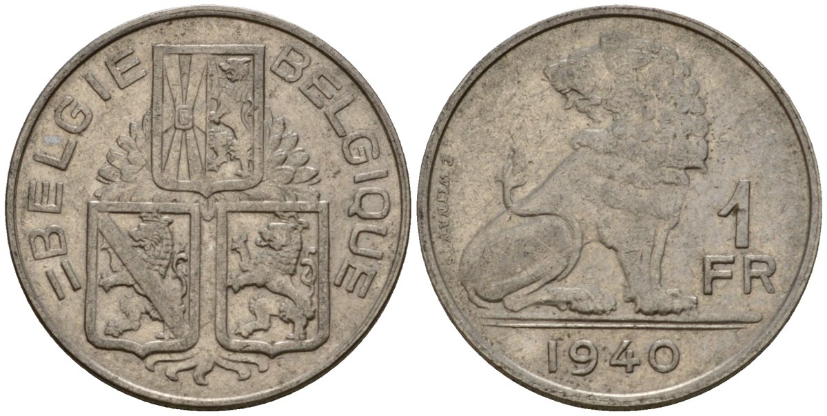 Бельгия 1 франк 1940 Belgie - Belgique KM 120 никель 217-852
