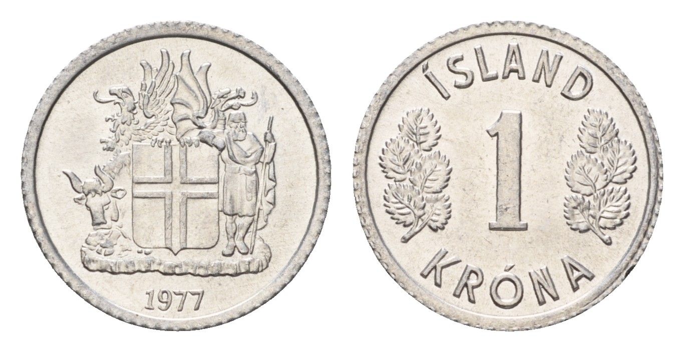 Исландия 1 крона 1977 KM 23 алюминий UNC 4687-813