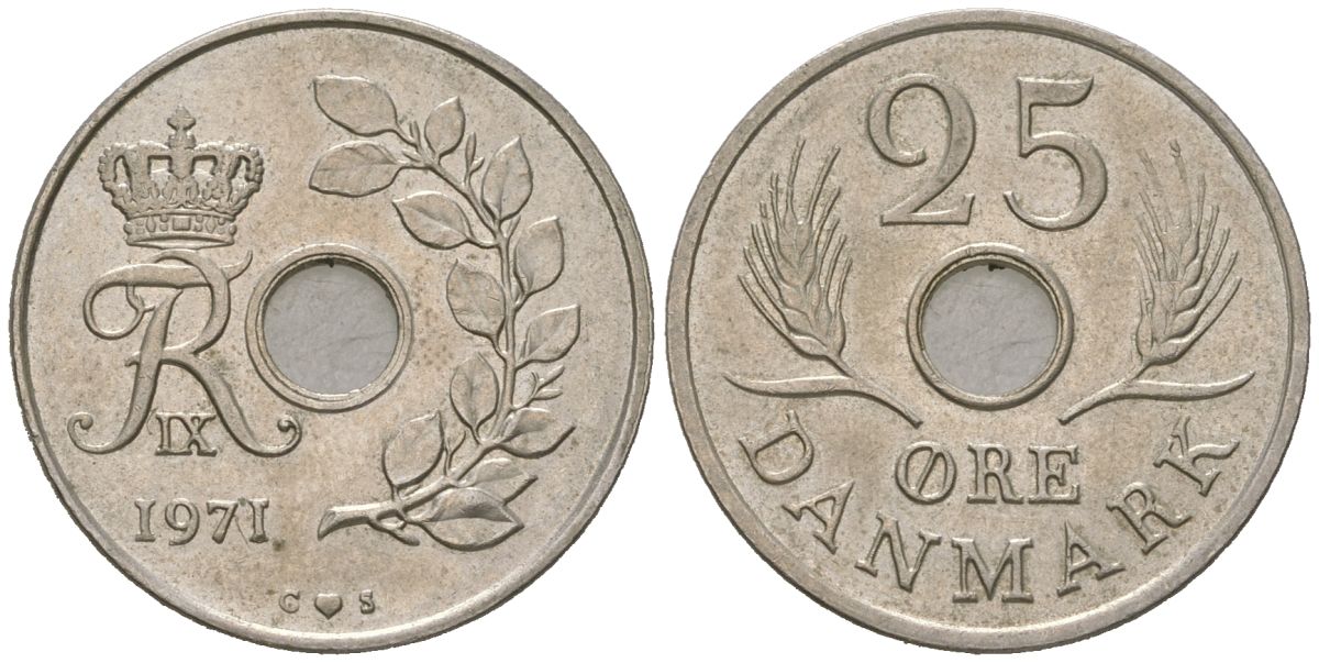 Дания 25 эре 1971 C; S, Фредерик IX (1947-1972) KM 855 медно-никель aUNC 213-927