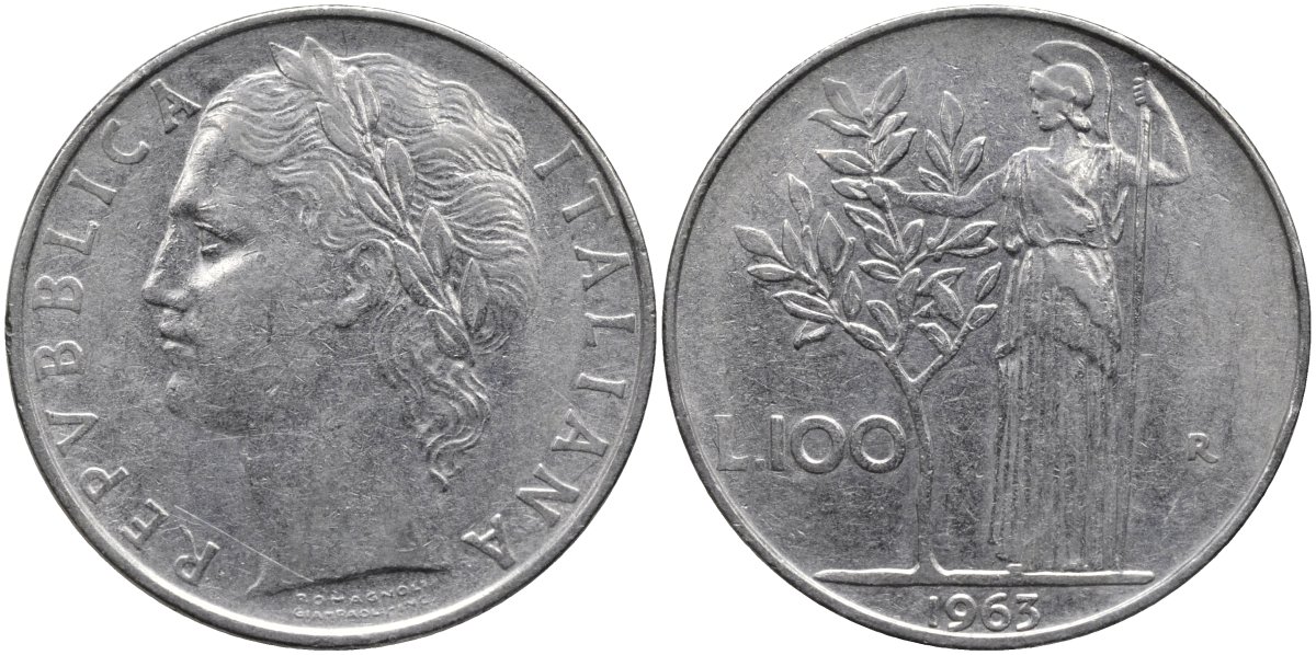 Италия 100 лир 1963 R, Афина в доспехах KM 96.1 нержавеющая сталь 4165-146
