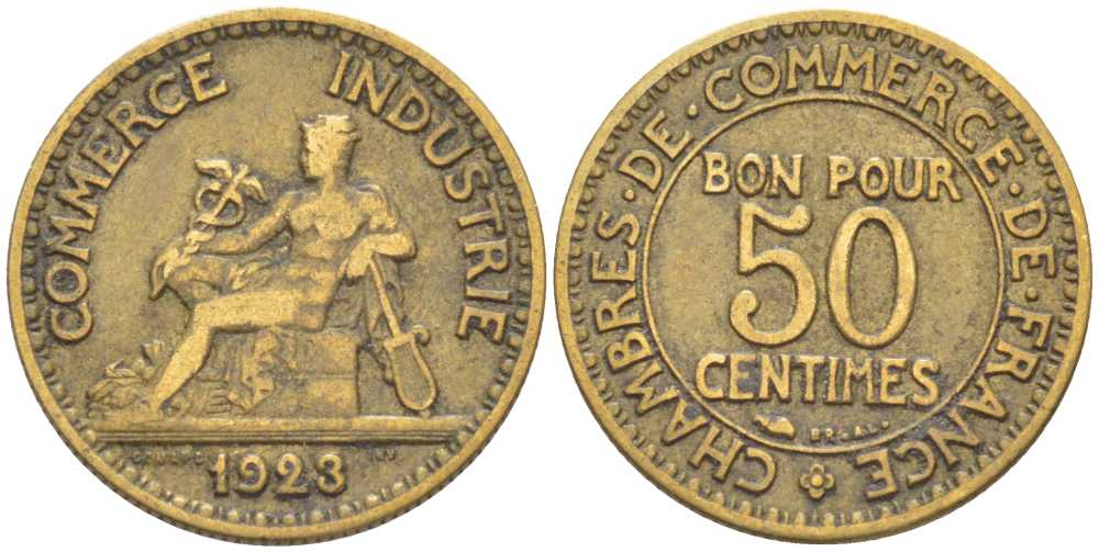 ФРАНЦИЯ 50 САНТИМОВ 1923 CHAMBRES DE COMMERCE KM 834, LE FRANC 191.6 алюминиевая бронза 175-326