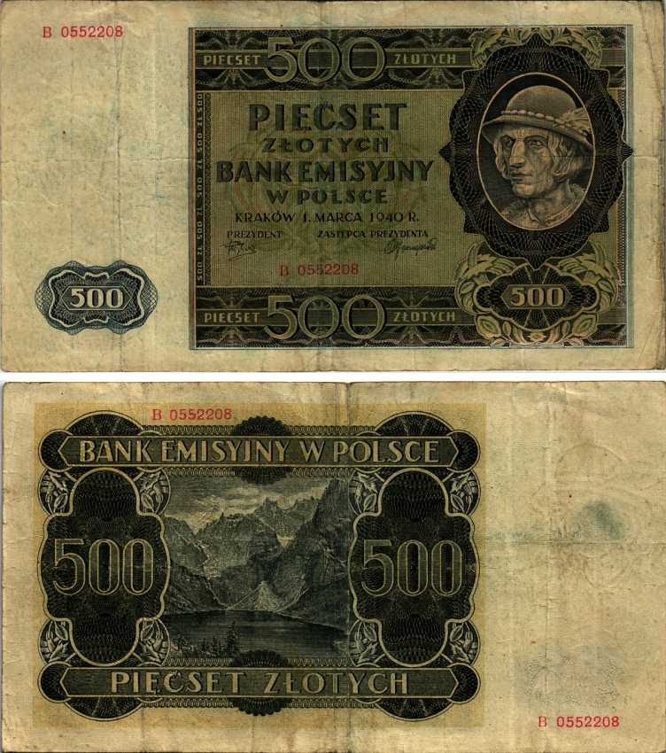Польша 500 злотых 1940 гурал, озеро Морское Око, серия B Pick 98 a, Розенберг 578 бумага 6352-30-2-2