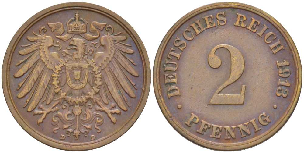 Германия 2 пфеннига 1913 D KM 16, J. 11, Weege 4 медь 206-636