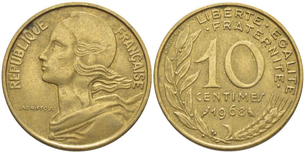 ФРАНЦИЯ 10 САНТИМОВ 1968 ТИП MARIANNE KM 929, LE FRANC 144.8 алюминиевая бронза 116-425