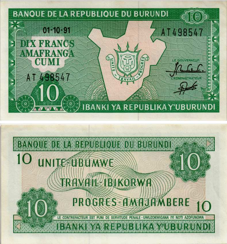 Бурунди 10 франков 1991 карта Бурунди Pick 33b бумага UNC (пресс) 7523-36-3-1