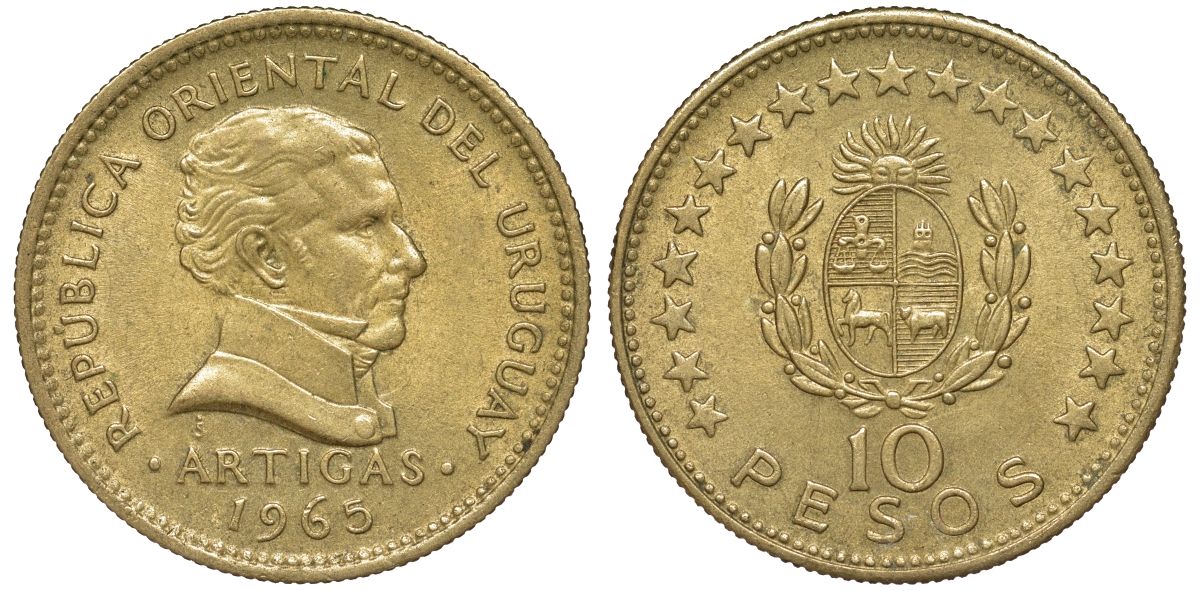 Уругвай 10 песо 1965 KM 48 алюминиевая бронза 4574-944