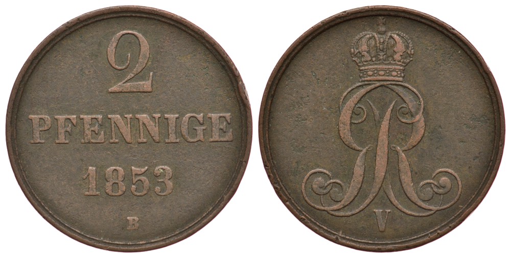 ГАННОВЕР 2 ПФЕННИГА 1853 KM 217, AKS 152, Jaeger 84 медь 413-2924