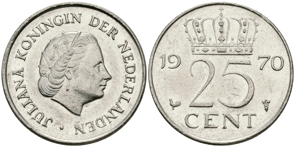 НИДЕРЛАНДЫ 25 ЦЕНТОВ 1970 ЮЛИАНА KM 183 никель 96-221