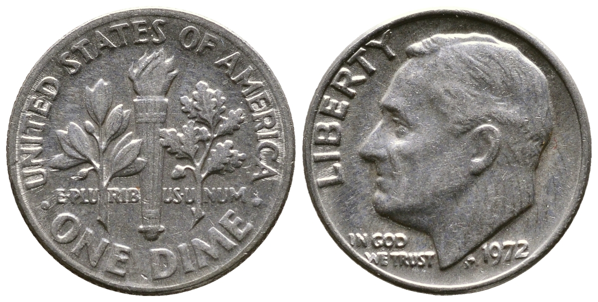 США 10 ЦЕНТОВ = 1 ДАЙМ 1972 РУЗВЕЛЬТ KM 195а медь плакированная медно-никелем 08-1462