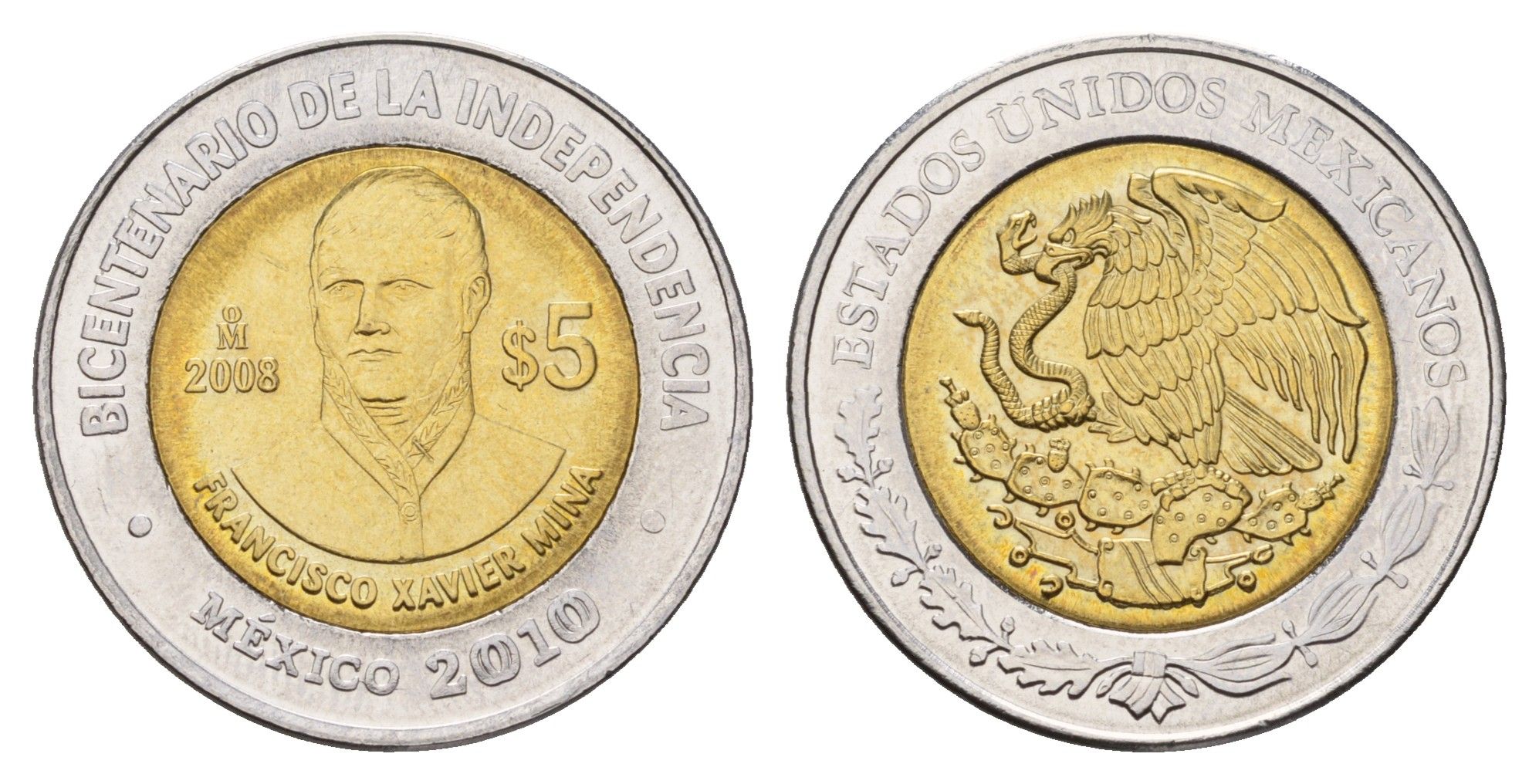 Мексика 5 песо 2008 Двухсотлетие независимости - Франсиско Хавьер Мина KM 898 биметалл UNC 216-1135