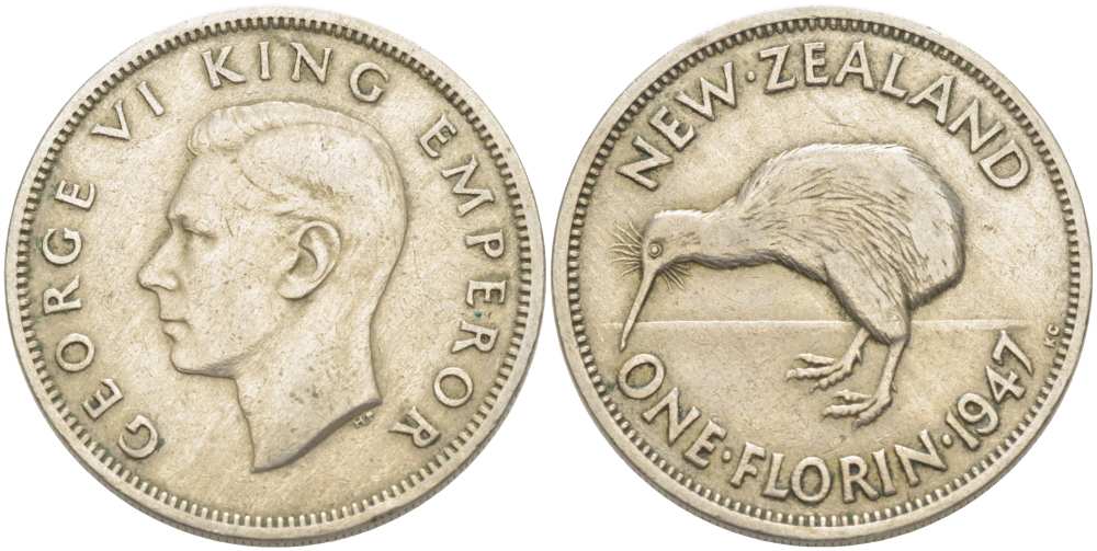 Новая Зеландия 1 флорин 1947 Георг VI (1937-1952), птичка киви KM 10.2а медно-никель 1517-1343