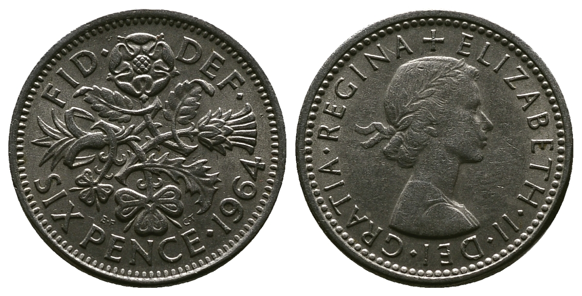 Великобритания 6 пенсов 1964 Елизавета II (1952-2022) KM 903, Spink 4149 медно-никель 4381-823