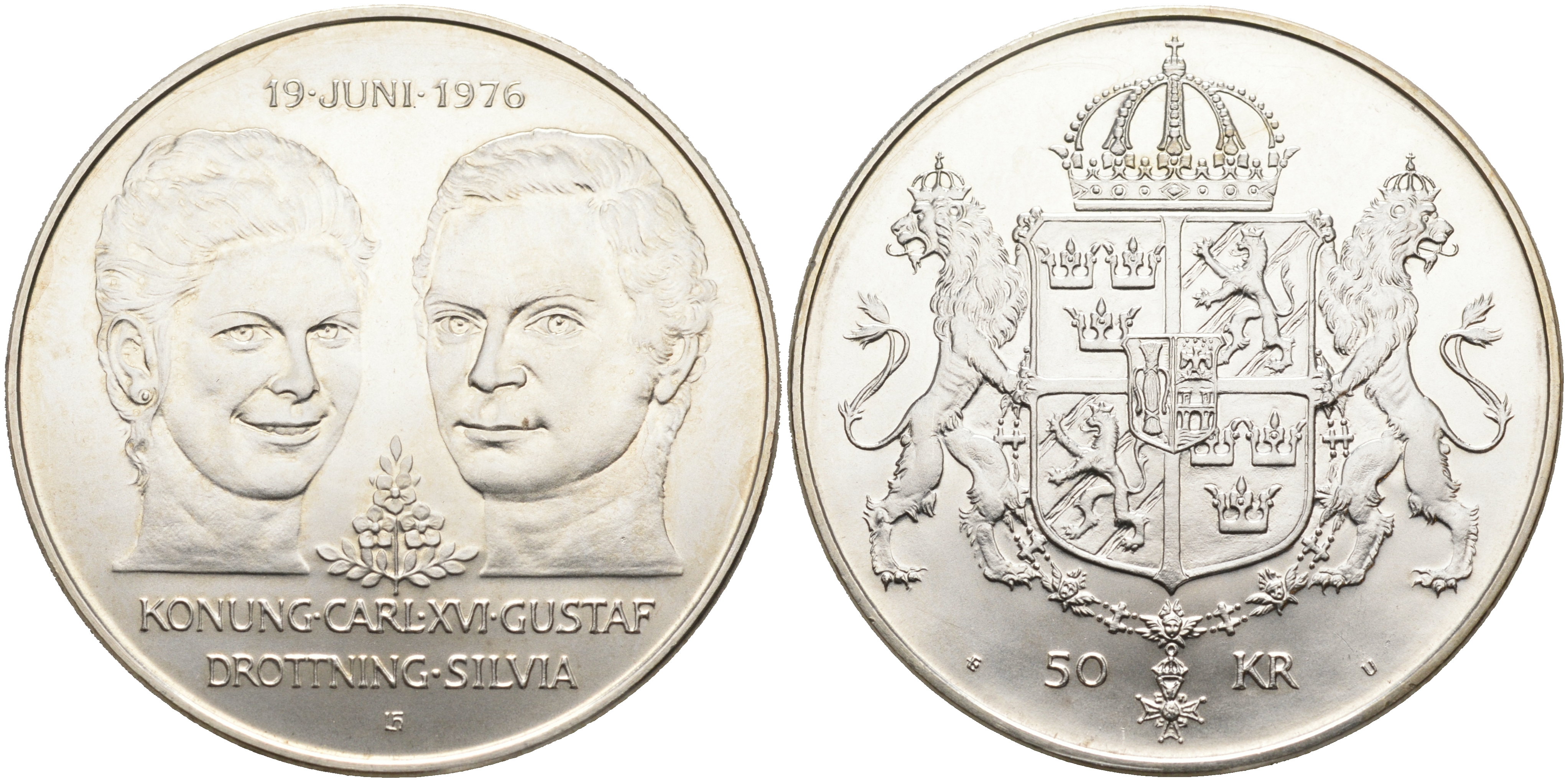 Швеция 50 крон 1976 U, королевская свадьба Карла XVI и королевы Сильвии KM 854 серебро UNC 4552-914