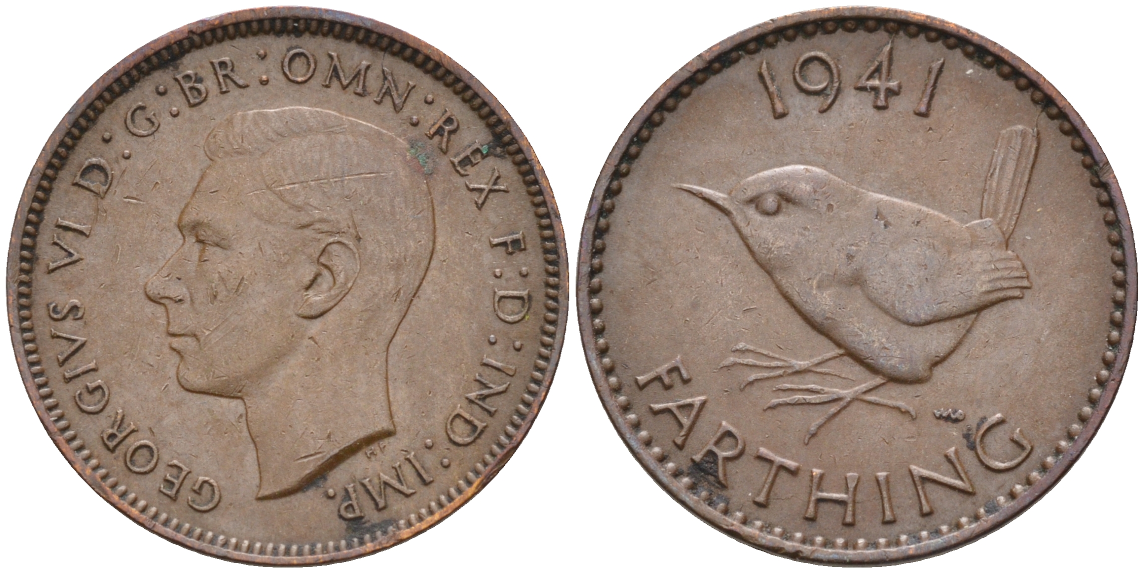 Великобритания 1 фартинг 1941 Георг VI (1936-1952) KM 843, Spink 4116 бронза 4588-535
