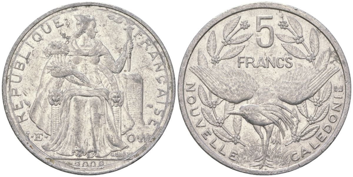 Французская Новая Каледония 5 франков 2008 птица кагу, (IEOM) KM 16, Schoen 12, Lec 81k алюминий 215-1222
