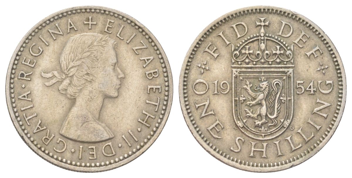 Великобритания 1 шиллинг 1954 Елизавета II (1952-2022), Шотландский герб KM 905, Spink 4148 медно-никель 4624-444