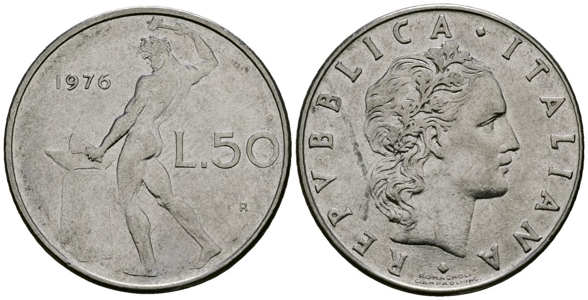 Италия 50 лир 1976 R, бог огня Вулкан у наковальни KM 95.1 нержавеющая сталь 4138-616
