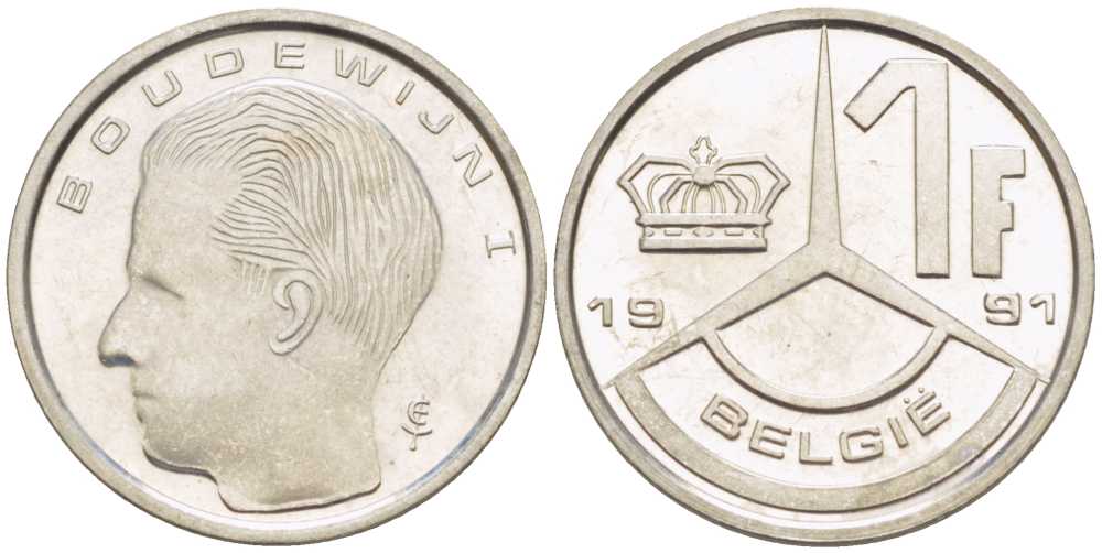 БЕЛЬГИЯ 1 ФРАНК 1991 BELGIE, БОДУЭН I (1951-1993) KM 171 железо плакированное никелем 3851-1048