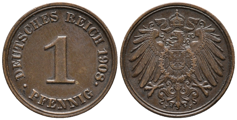 ГЕРМАНИЯ 1 ПФЕННИГ 1908 J KM 10, J. 10 медь 100-1255