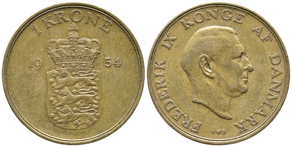 ДАНИЯ 1 КРОНА 1954 N; S, ФРЕДЕРИК IX (1947-1972) KM 837.1 алюминиевая бронза 32-315
