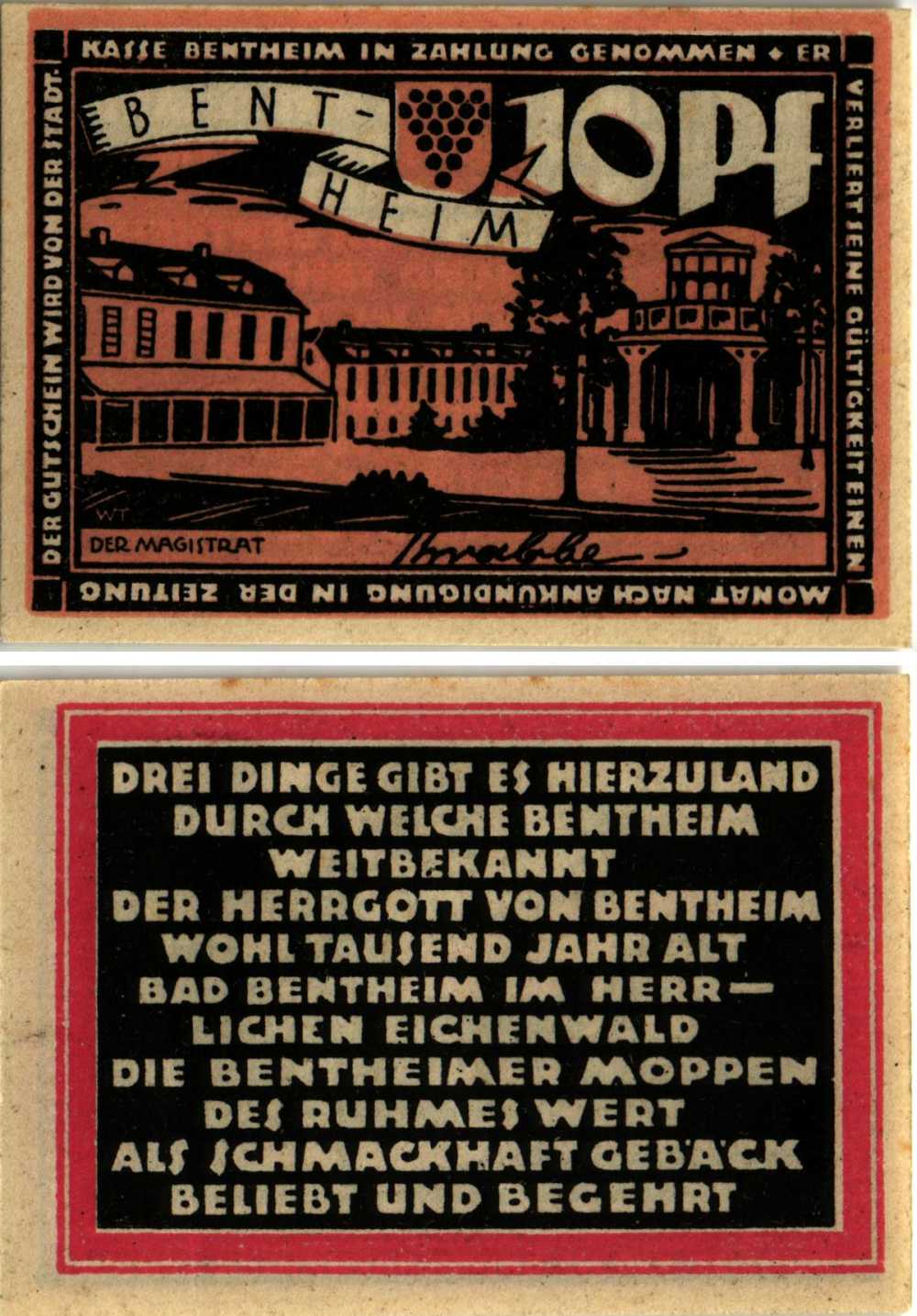 БАД-БЕНТХАЙМ 10 ПФЕННИГОВ 1921 НОТГЕЛЬД, ОКТЯБРЬ 1921, ЗЕМЛЯ НИЖНЯЯ САКСОНИЯ Grabowski 75.1 бумага 8608-10-1-1