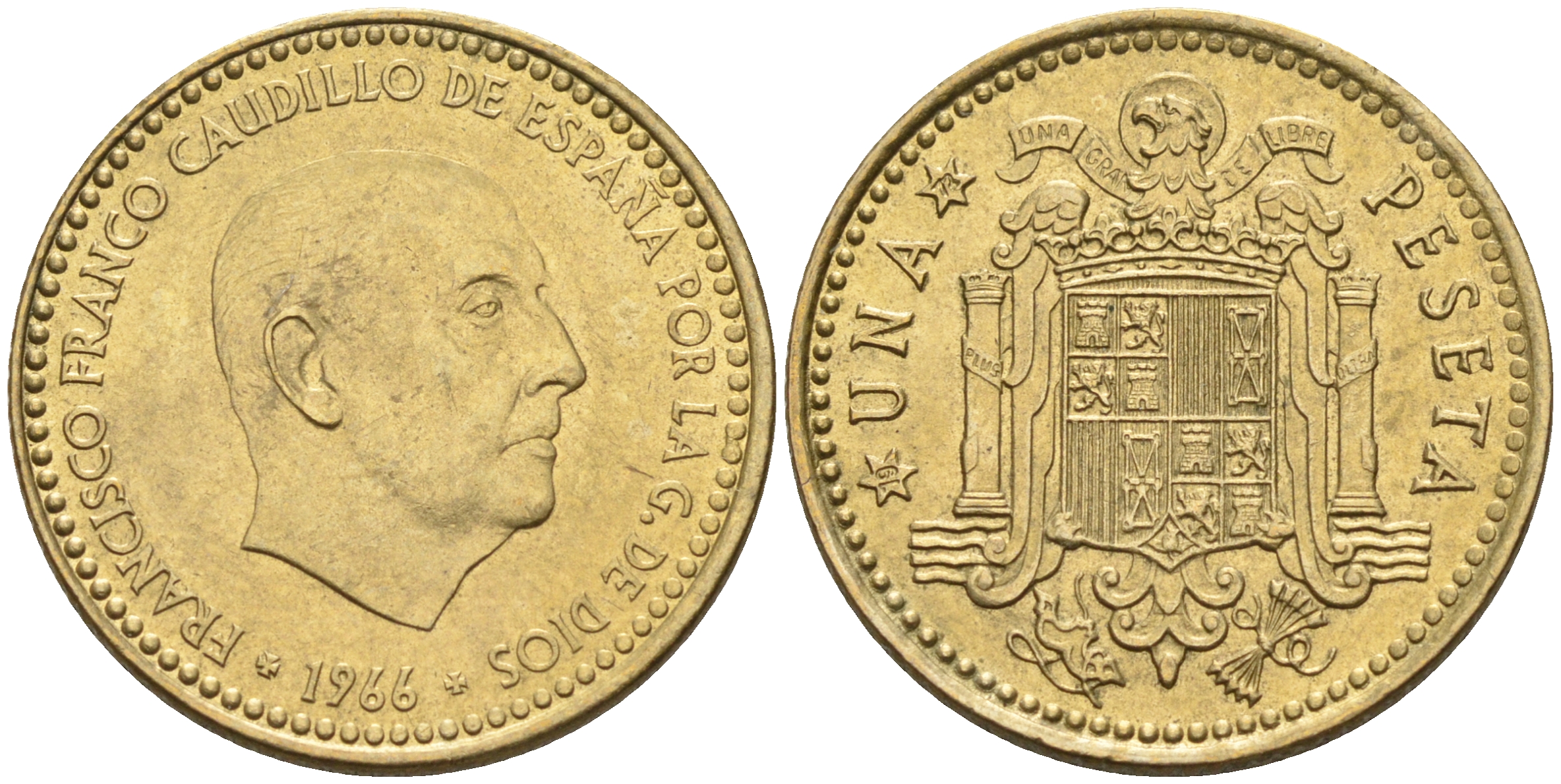 ИСПАНИЯ 1 ПЕСЕТА 1966 (72) ХУАН КАРЛОС I (1975-) KM 796 алюминиевая бронза 4126-834