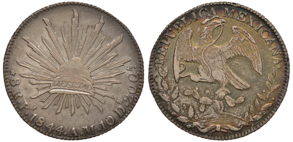 Мексика 8 реалов 1844 AM, монетный двор Pi (Сан-Луис-Потоси), красивая золотисто-голубая патина KM 377.12 серебро 00-00