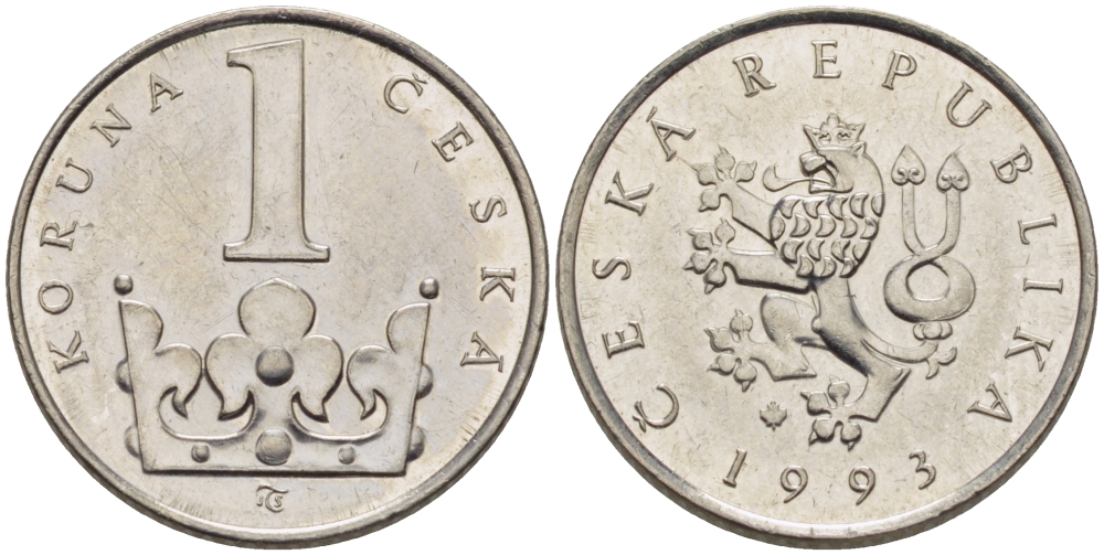Чехия 1 крона 1993 KM 7 сталь плакированная никелем 67-853