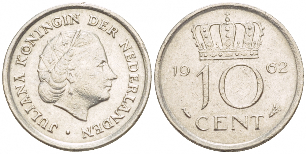 НИДЕРЛАНДЫ 10 ЦЕНТОВ 1962 ЮЛИАНА KM 182 никель 4547-834