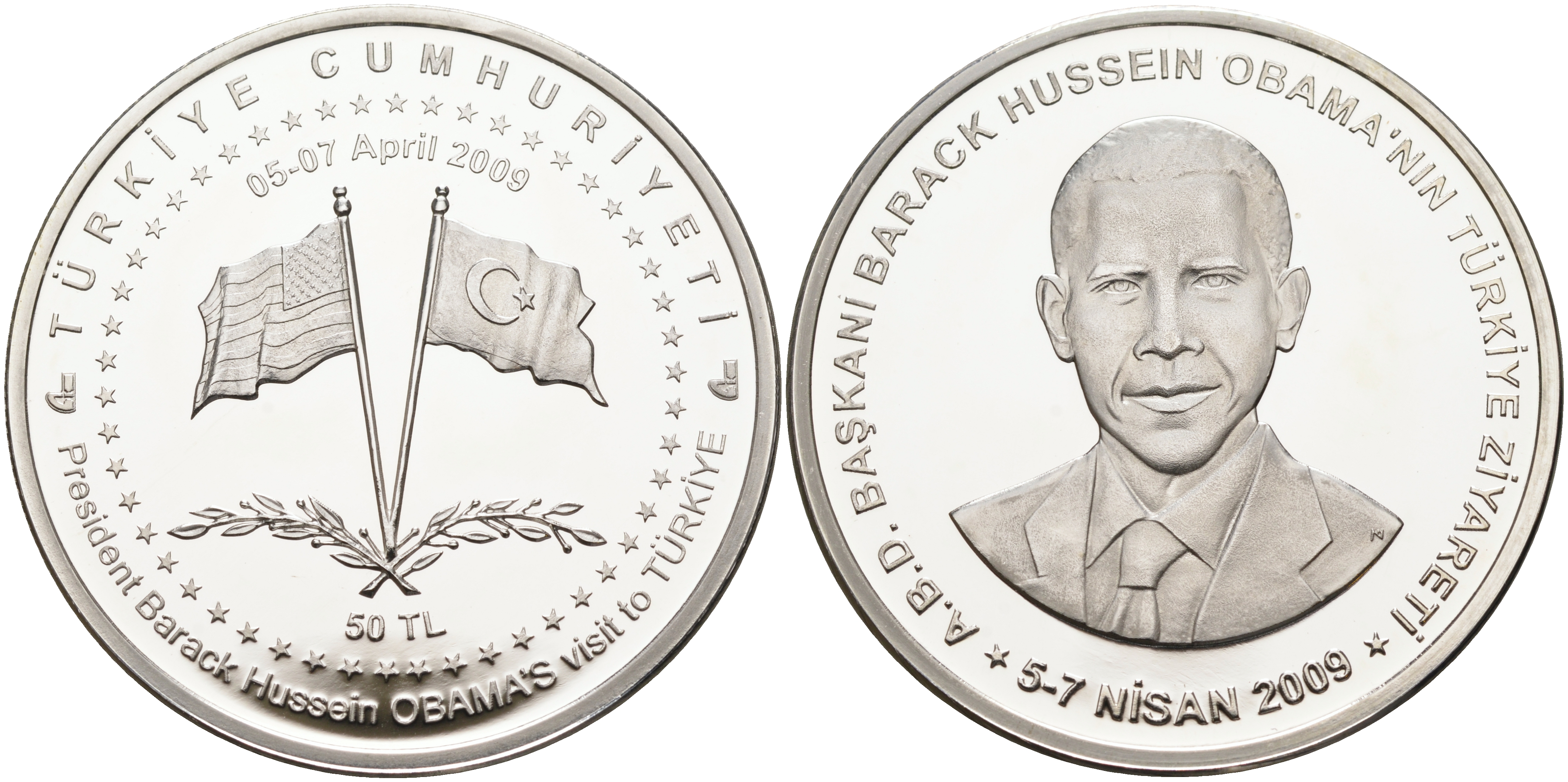 Турция 50 Лир 2009 визит президента Барака Обамы в Турцию KM 1245 серебро PROOF 11-104-11
