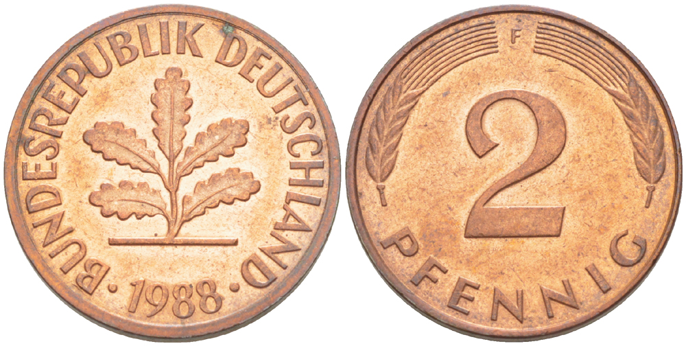 ФРГ 2 ПФЕННИГА 1988 F KM 106а, J. 381а сталь плакированная сталь плакированная медьюю 4181-853