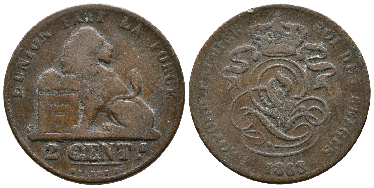 БЕЛЬГИЯ 2 САНТИМА 1863 BELGES KM 4.2 медь 4364-1351