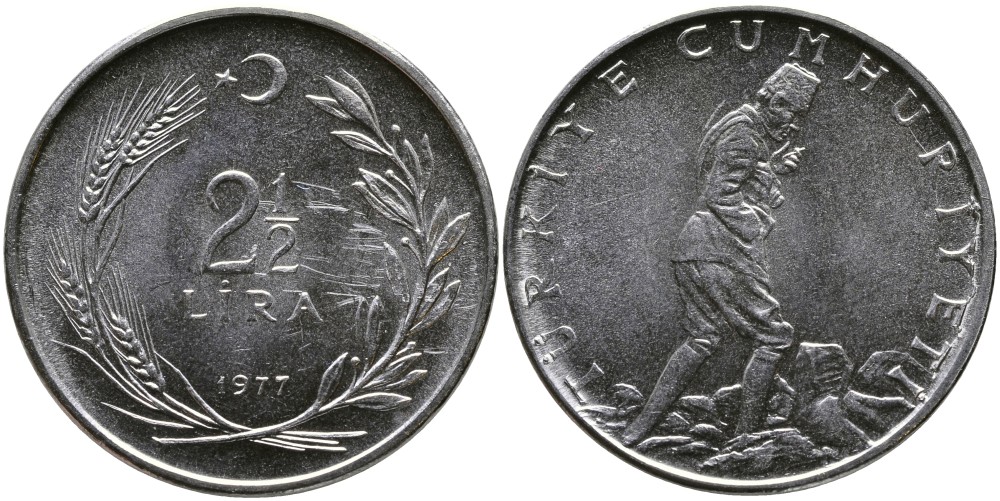 ТУРЦИЯ 2 1/2 ЛИРЫ 1977 KM 893.2 нержавеющая сталь 29-715