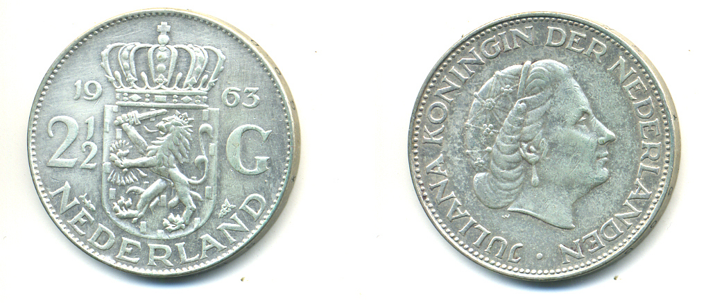 Нидерланды 2 1/2 гульдена 1963 Юлиана (1949-1980) KM 185 серебро 83-632