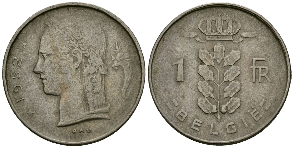 Бельгия 1 франк 1952 Belgie, Бодуэн I (1951-1993) KM 143.1 медно-никель 4172-534