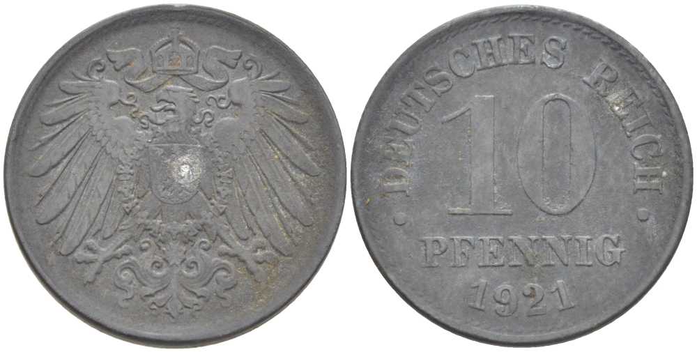 ГЕРМАНИЯ 10 ПФЕННИГОВ 1921 (1917-1922) KM 26, J. 299, Weege 8 цинк 210-234