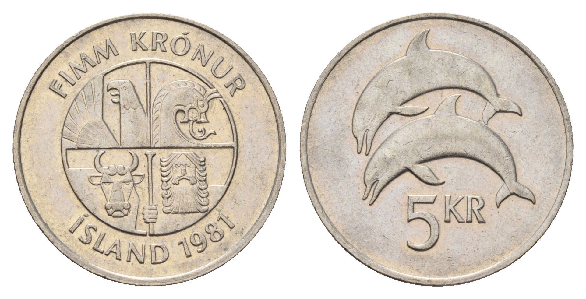 Исландия 5 крон 1981 дельфины KM 28 медно-никель 4691-355
