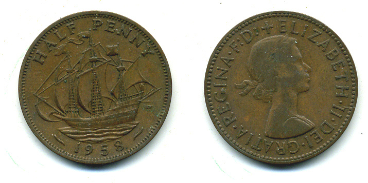 Великобритания 1/2 пенни 1958 Елизавета II (1952-2022) KM 896, Spink 4158 бронза 4383-1041