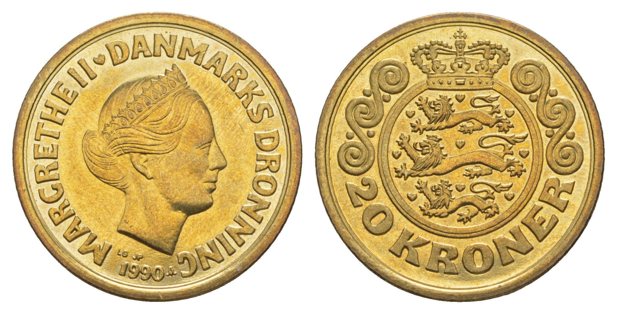 Дания 20 крон 1990 Маргрете II (1972-2024) KM 871 алюминиевая бронза UNC M69-03