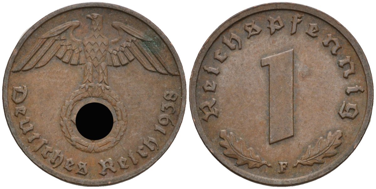 Германия 1 рейхспфенниг 1938 F KM 89, J 361 бронза 4136-1162