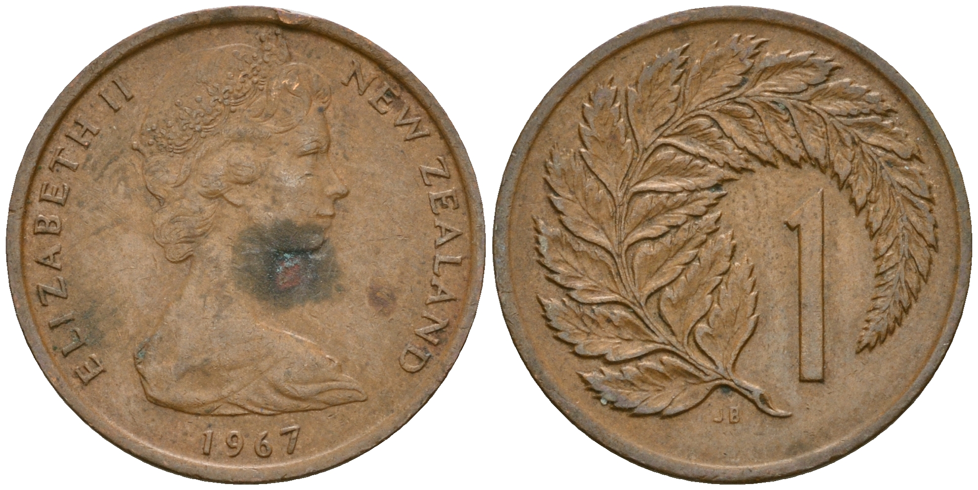 Новая Зеландия 1 цент 1967 Елизавета II (1952-2022), лист папоротника KM 31.1 бронза 4364-3663