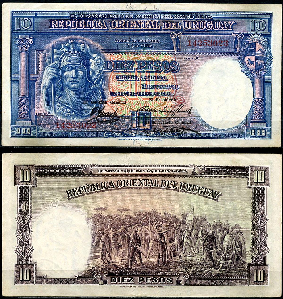 Уругвай 10 песо 1935 воин индеец, клятва 33 Ориенталес Pick 30 b (?)  бумага 00-00